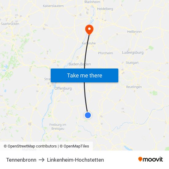 Tennenbronn to Linkenheim-Hochstetten map