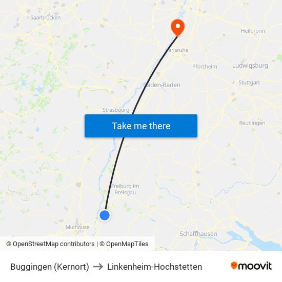 Buggingen (Kernort) to Linkenheim-Hochstetten map