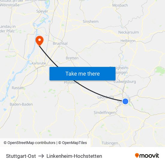 Stuttgart-Ost to Linkenheim-Hochstetten map