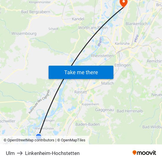 Ulm to Linkenheim-Hochstetten map