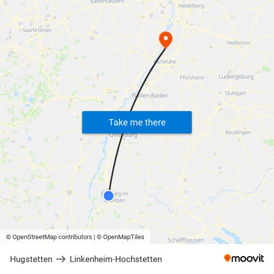 Hugstetten to Linkenheim-Hochstetten map