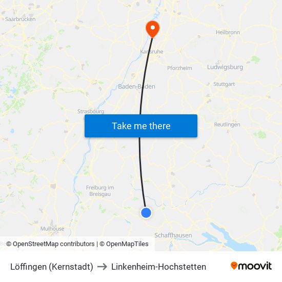 Löffingen (Kernstadt) to Linkenheim-Hochstetten map