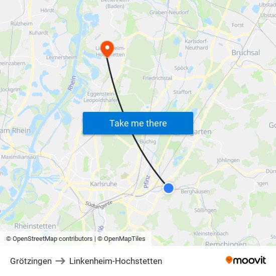 Grötzingen to Linkenheim-Hochstetten map