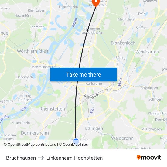 Bruchhausen to Linkenheim-Hochstetten map