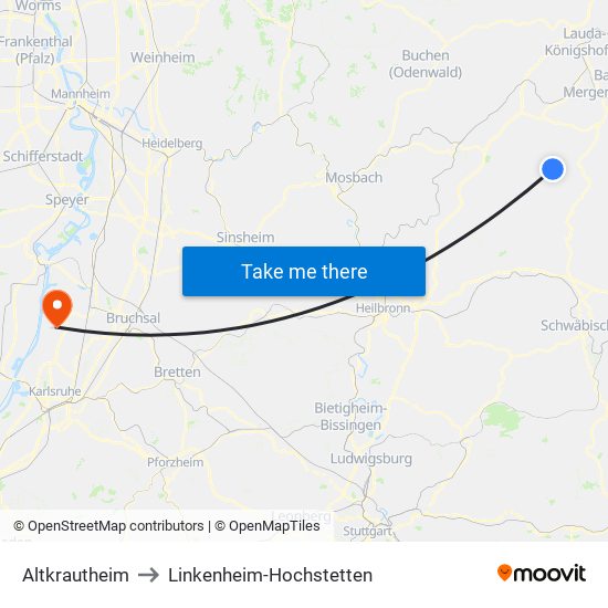 Altkrautheim to Linkenheim-Hochstetten map