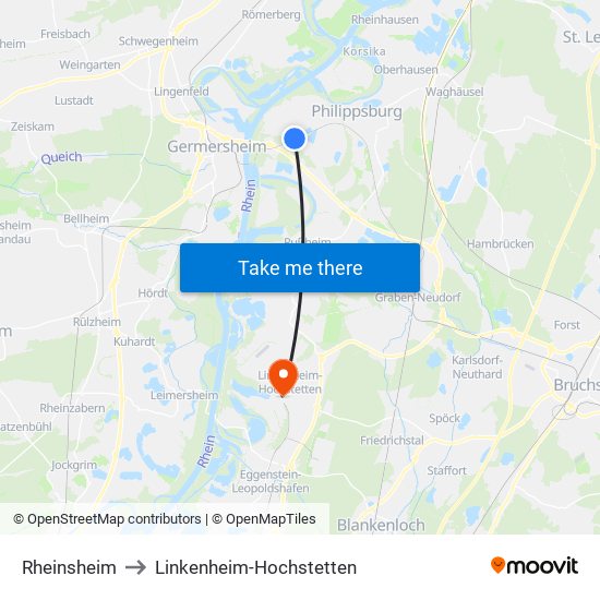 Rheinsheim to Linkenheim-Hochstetten map