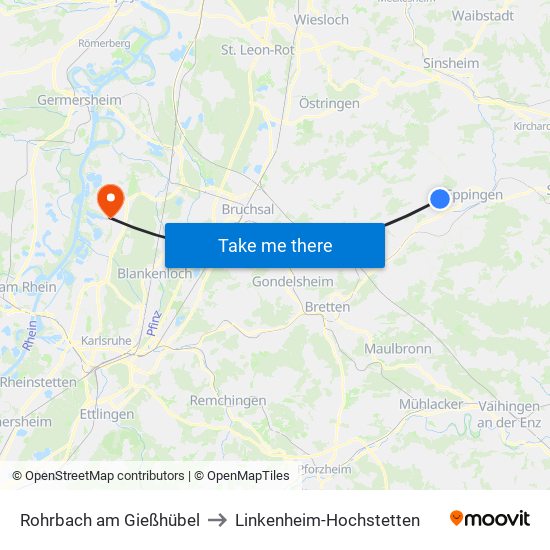 Rohrbach am Gießhübel to Linkenheim-Hochstetten map