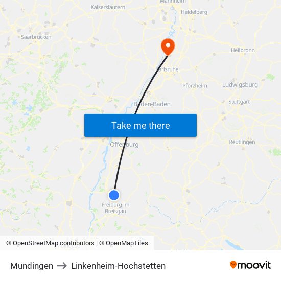 Mundingen to Linkenheim-Hochstetten map