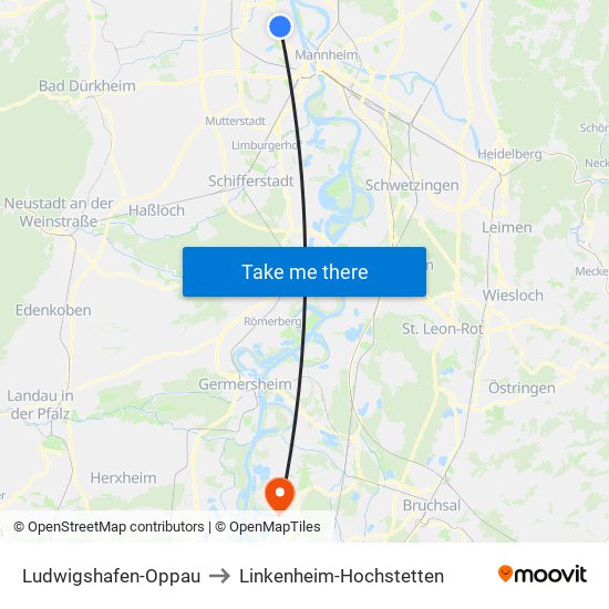 Ludwigshafen-Oppau to Linkenheim-Hochstetten map
