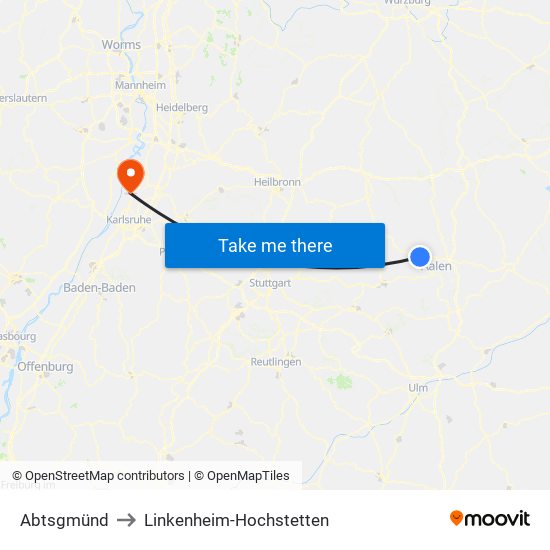 Abtsgmünd to Linkenheim-Hochstetten map