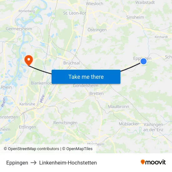 Eppingen to Linkenheim-Hochstetten map