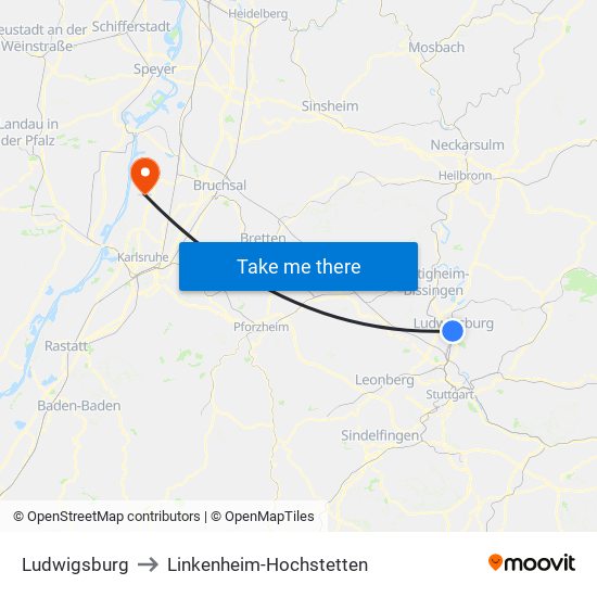 Ludwigsburg to Linkenheim-Hochstetten map