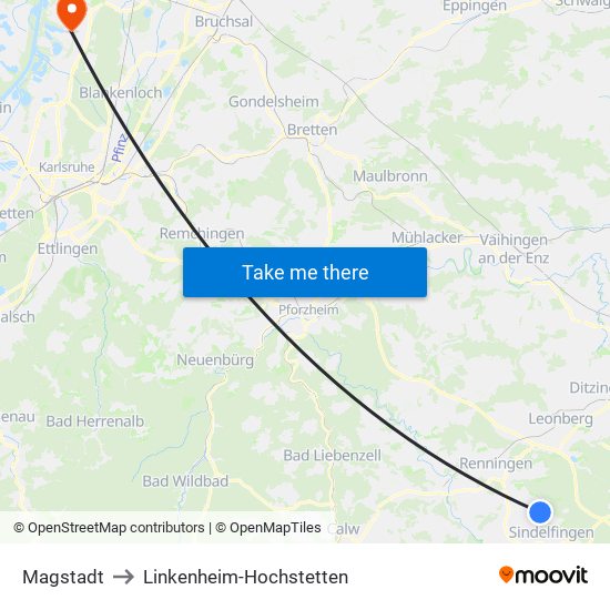 Magstadt to Linkenheim-Hochstetten map