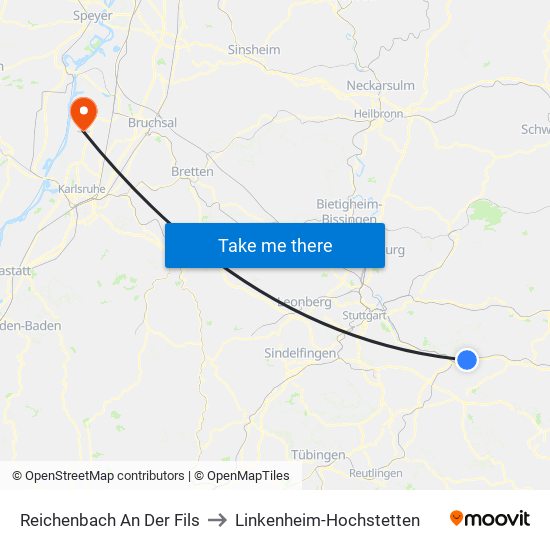 Reichenbach An Der Fils to Linkenheim-Hochstetten map