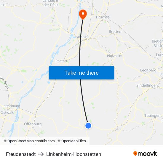 Freudenstadt to Linkenheim-Hochstetten map