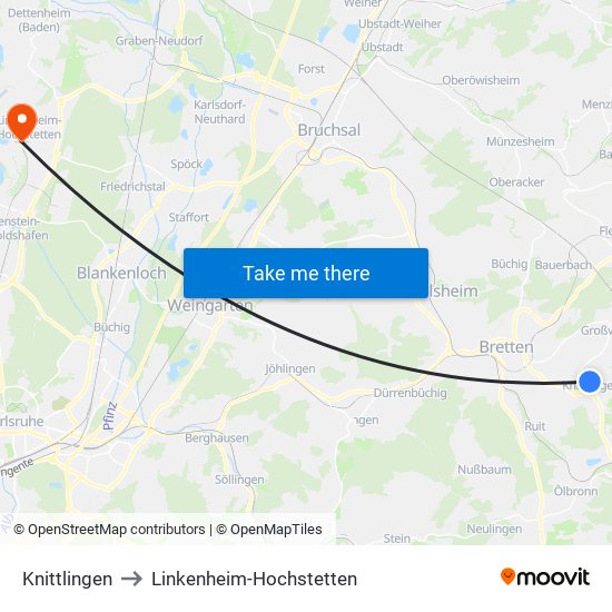 Knittlingen to Linkenheim-Hochstetten map