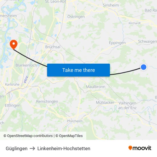Güglingen to Linkenheim-Hochstetten map
