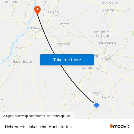 Nehren to Linkenheim-Hochstetten map