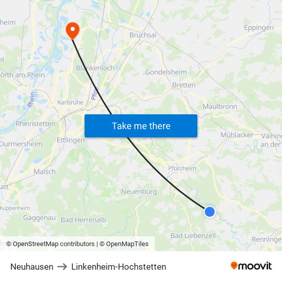 Neuhausen to Linkenheim-Hochstetten map