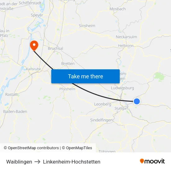 Waiblingen to Linkenheim-Hochstetten map