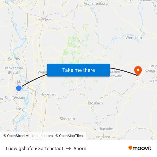 Ludwigshafen-Gartenstadt to Ahorn map