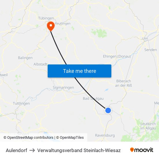 Aulendorf to Verwaltungsverband Steinlach-Wiesaz map