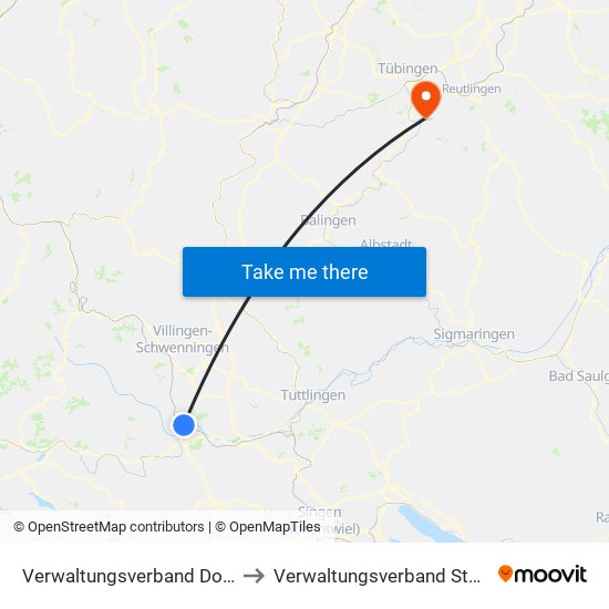 Verwaltungsverband Donaueschingen to Verwaltungsverband Steinlach-Wiesaz map