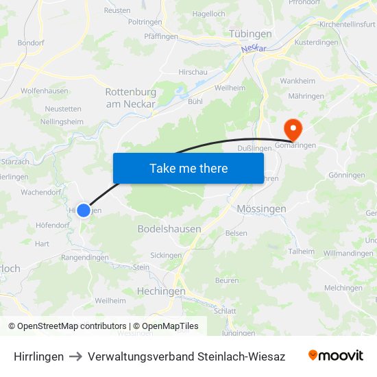 Hirrlingen to Verwaltungsverband Steinlach-Wiesaz map