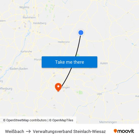 Weißbach to Verwaltungsverband Steinlach-Wiesaz map