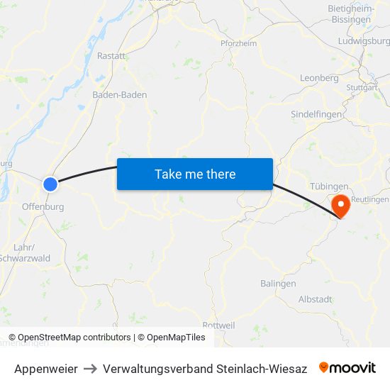 Appenweier to Verwaltungsverband Steinlach-Wiesaz map