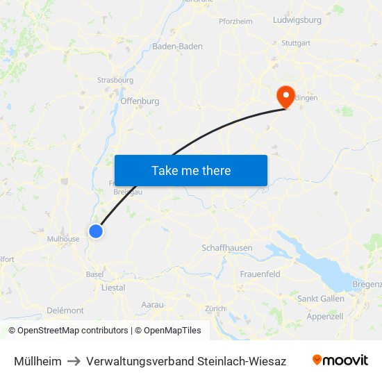 Müllheim to Verwaltungsverband Steinlach-Wiesaz map