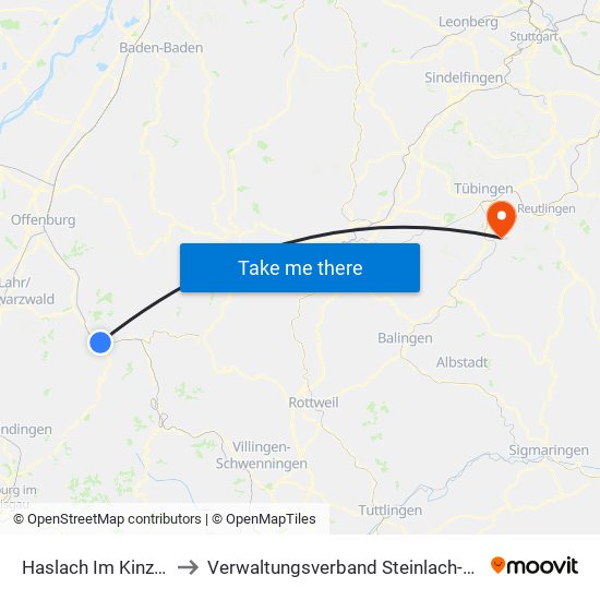 Haslach Im Kinzigtal to Verwaltungsverband Steinlach-Wiesaz map