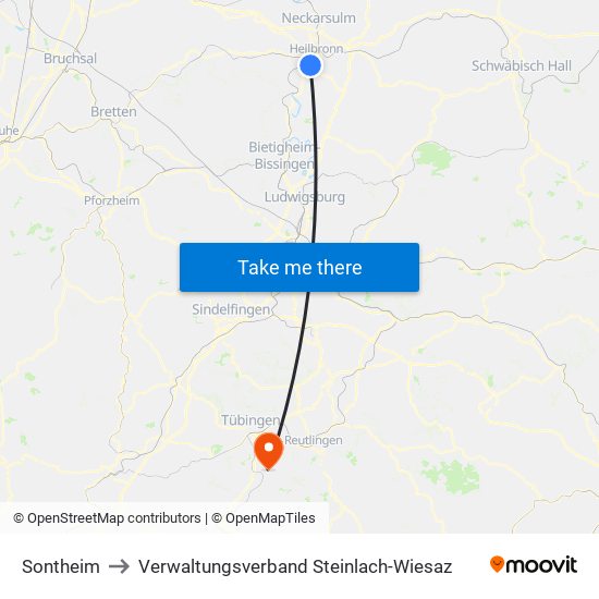 Sontheim to Verwaltungsverband Steinlach-Wiesaz map