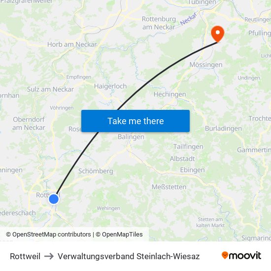 Rottweil to Verwaltungsverband Steinlach-Wiesaz map