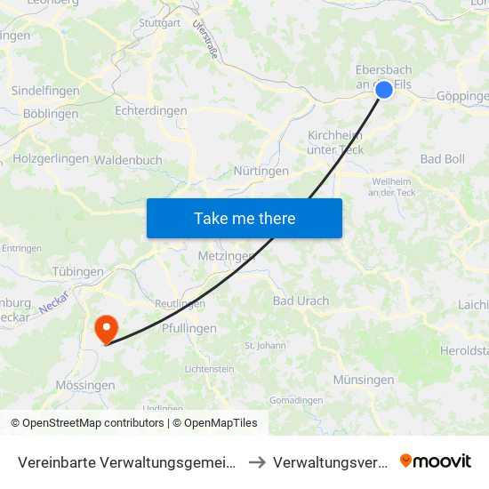Vereinbarte Verwaltungsgemeinschaft Der Stadt Ebersbach An Der Fils to Verwaltungsverband Steinlach-Wiesaz map