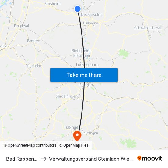 Bad Rappenau to Verwaltungsverband Steinlach-Wiesaz map