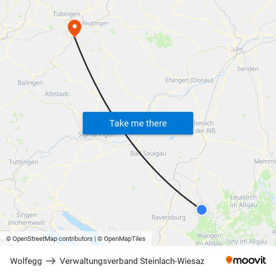 Wolfegg to Verwaltungsverband Steinlach-Wiesaz map