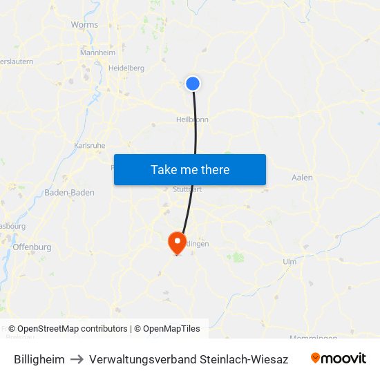 Billigheim to Verwaltungsverband Steinlach-Wiesaz map