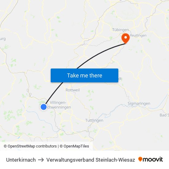 Unterkirnach to Verwaltungsverband Steinlach-Wiesaz map