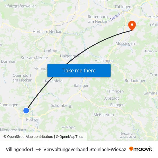 Villingendorf to Verwaltungsverband Steinlach-Wiesaz map