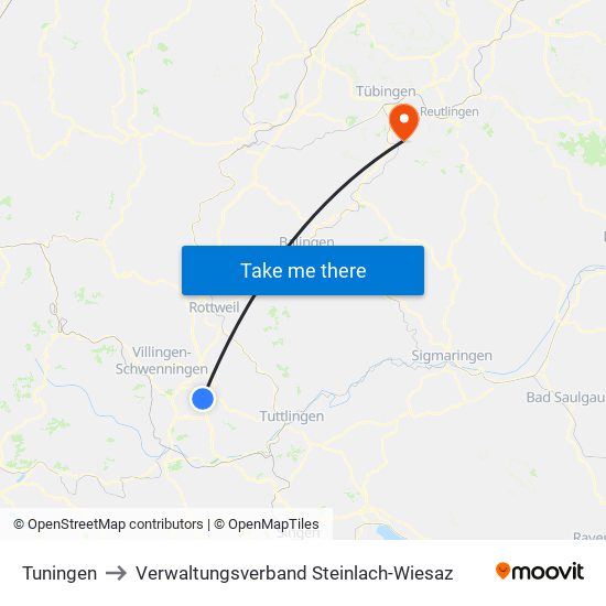 Tuningen to Verwaltungsverband Steinlach-Wiesaz map