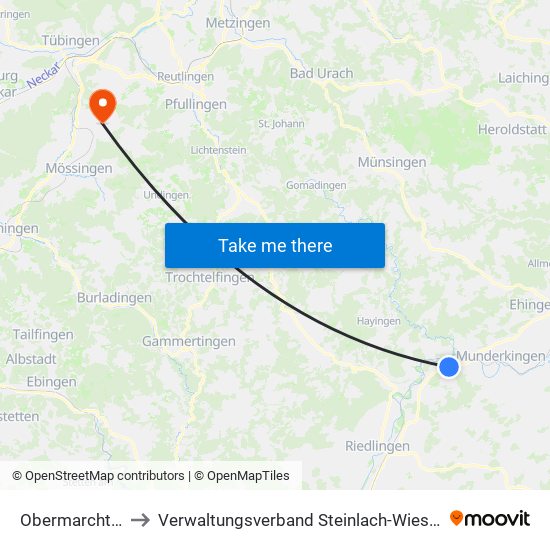 Obermarchtal to Verwaltungsverband Steinlach-Wiesaz map