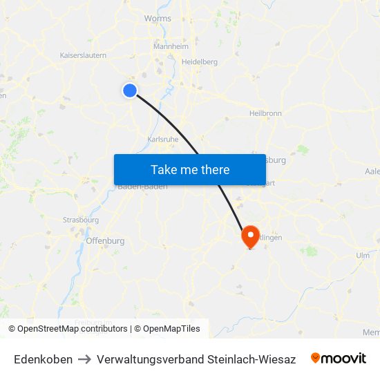 Edenkoben to Verwaltungsverband Steinlach-Wiesaz map