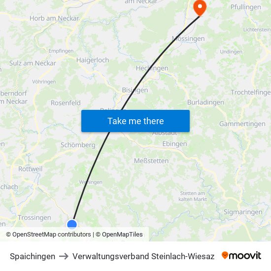 Spaichingen to Verwaltungsverband Steinlach-Wiesaz map