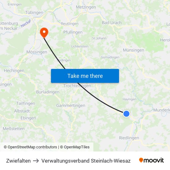 Zwiefalten to Verwaltungsverband Steinlach-Wiesaz map