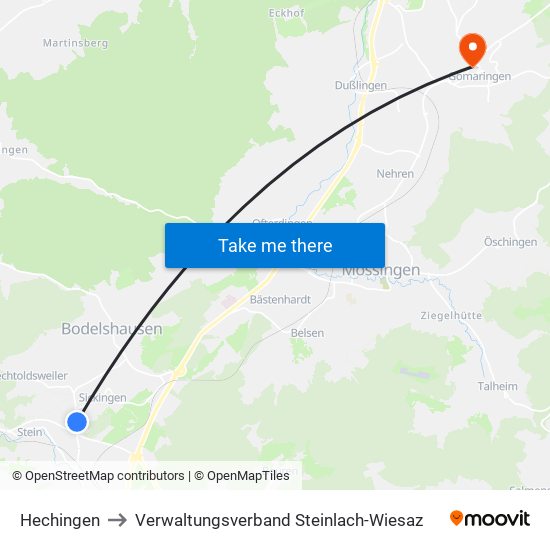 Hechingen to Verwaltungsverband Steinlach-Wiesaz map