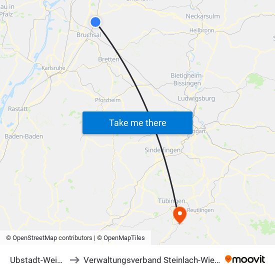 Ubstadt-Weiher to Verwaltungsverband Steinlach-Wiesaz map