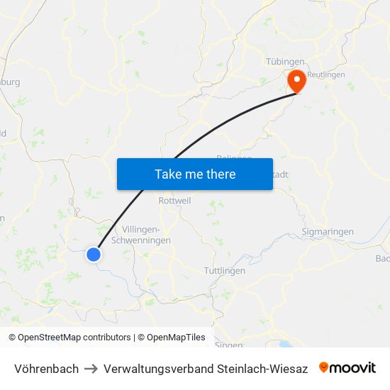 Vöhrenbach to Verwaltungsverband Steinlach-Wiesaz map