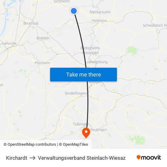 Kirchardt to Verwaltungsverband Steinlach-Wiesaz map