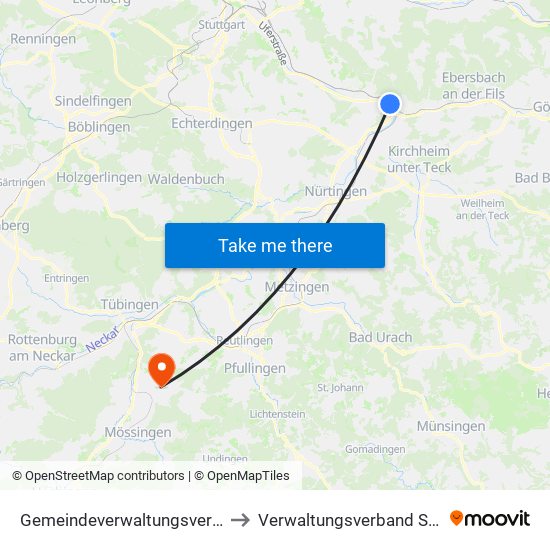 Gemeindeverwaltungsverband Plochingen to Verwaltungsverband Steinlach-Wiesaz map